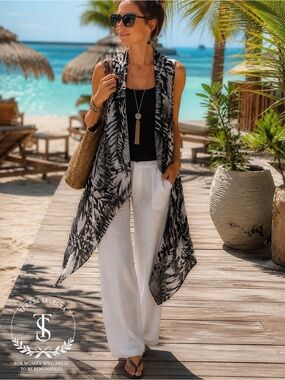 Chico’s Black White Abstract Sheer Open Front Duster Vest Size 2 US Large 12/14